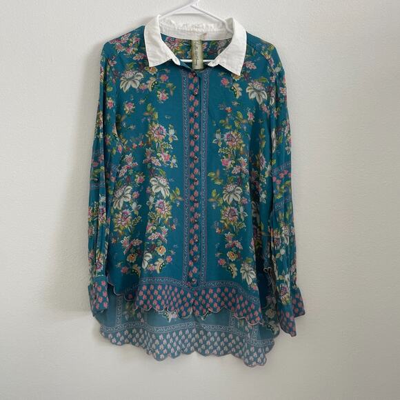 Arratta Silent Journey Tops - Arratta Silent Journey Top Women S/M Blue Floral Flowy Boho Cottagecore Button